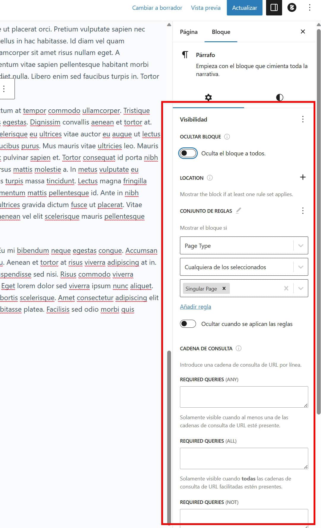 Cómo se ve Block Visibility en el editor de WordPress